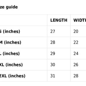 Puede incluir: Gu&iacute;a de tallas para una prenda con medidas en pulgadas. La tabla muestra la longitud y el ancho de la prenda en pulgadas para las tallas S, M, L, XL y 2XL.