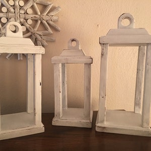 set of 3 - Distressed White Wooden Lanterns