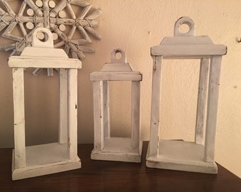 set of 3 - Distressed White Wooden Lanterns