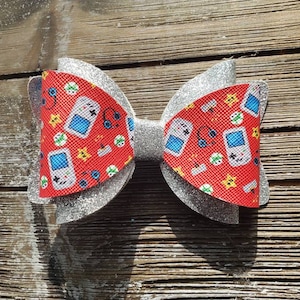 Retro video game hair bow, faux leather, handmade, hair accessories, hair bow, retro, video game hair bow, gamer