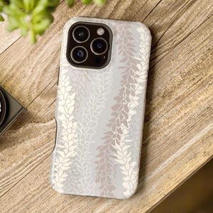 MagSafe Hawaii Awapuhi White Ginger Lei in Gray, White, Brown Neutrals Tough Case, iPhone 13, 14, 15, 16 Mini Plus, Pro Max, Embedded Magnet