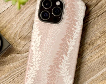 MagSafe White Ginger Lei iPhone 17 MagSafe Case | Dual Layer Hawaiian Floral Phone Case | Hand Illustrated Tropical Design | Peachy Pink