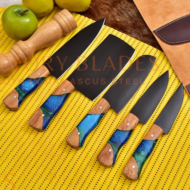 Handmade D2 Steel Chef Knife set of 5 Pieces Forged , Wood on Handles With Leather Bag Roll, Damascus Kitchen Knife Set, Best Unique shops Gift