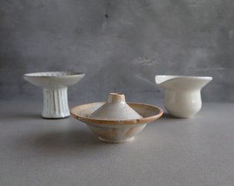Rustic Japanese handmade ceramic set: Sauce bucket, jar with lid & saucer plate