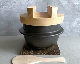 Auténtica olla arrocera japonesa Hagama - Madera Hinoki hecha a mano y arcilla Banko | Utensilios de cocina hechos de tierra y madera | para 1 a 6 personas