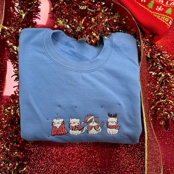 Cat Winter Embroidered Sweatshirt, Winter  Sweatshirt, Cat Christmas Sweatshirt, Cute Cat Christmas, Christmas Gift, Cartoon Embroidered