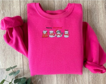 Cat Winter Embroidered Sweatshirt, Winter  Sweatshirt, Meowy Christmas Sweatshirt, Cute Cat Christmas, Christmas Gift, Cartoon Embroidered