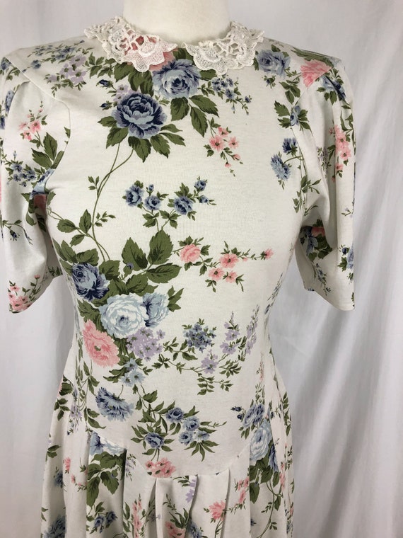80s Vintage Floral Lace Dress S/M | Drop Waist Dr… - image 3