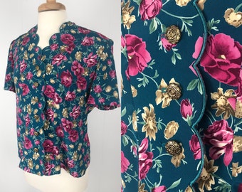 Vintage Floral Scalloped Blouse L | Silky Floral Top | Vintage Cottagecore Shirt | Bright 80s Top | Gold Button Top | Feminine Womenswear