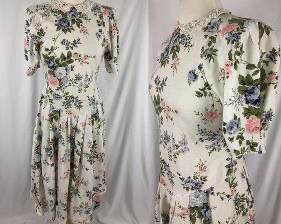 80s Vintage Floral Lace Dress S/M | Drop Waist Dr… - image 1