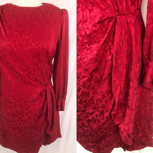 Vintage Red Cocktail Dress L | 80s 90s Romantic Dress | Formal Floral Dress | Office Party Dress | Red Holiday Dress | Classic Ruche Dress