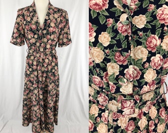 Floral Belted Dress S/M | Vintage 90s Floral Dress | Cottagecore Dress | Rose Button up Dress | Belted Flowy Dress | Romantic Valentines