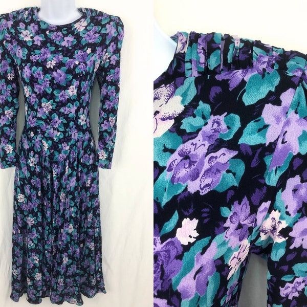 Floral 80s Dress XS | Romantic Floral Dress | Purple Midi Dress | Pastel Floral Dress | Tea Party Dress | Vintage Dance Dress | Cottagecore