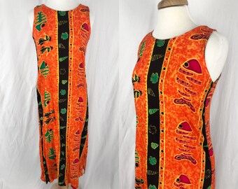 Vintage Tropical Dress M/L | Orange Beach Dress | Fishbone Dress | Batik Dress | African Dress | Beach Coverup | Vacation Dress | Seahorse