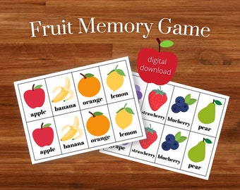 May include: A printable fruit memory game with images of an apple, banana, orange, lemon, strawberry, blueberry, and pear. The game is a digital download.