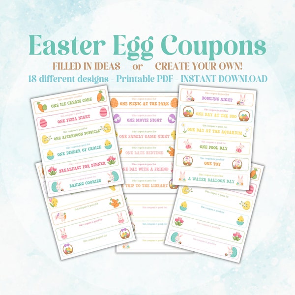 Printable Easter Egg Coupons for Easter Egg Fillers Egg Hunt Reward Easter Bunny Instant Download Kids Easter Basket Tokens Kids Activity