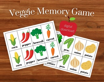 May include: A printable veggie memory game with colorful illustrations of vegetables like corn, pepper, broccoli, carrot, peas, onion, and potato. The game is a digital download.