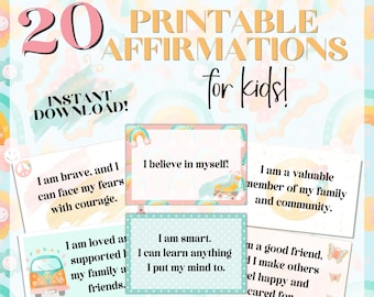 Färgglada, snygga utskrivbara affirmationer för barn, positiva affirmationskort, jag är-affirmationer, matlåda, ryggsäck, anteckningar, retro-affirmationer
