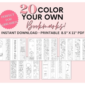 20 Printable Bookmarks for Kids to Color Library Activity for Kids Homeschool Activity Color Your Own Bookmarks for Kids Colorable Bookmarks