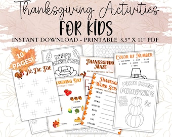 May include: Thanksgiving activities for kids, instant download printable PDF. Includes 10 pages of games, mazes, and coloring pages. Features tic-tac-toe, scavenger hunts, word scrambles, and color-by-number activities. Printable size is 8.5" x 11".