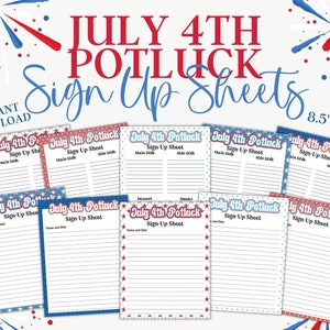Puede incluir: Una colección de hojas de registro para comidas compartidas del 4 de julio con diseños patrióticos en rojo, blanco y azul, estrellas y puntos. Cada hoja mide 21,59 cm por 27,94 cm e incluye líneas para nombres y platos para organizar eventos.
