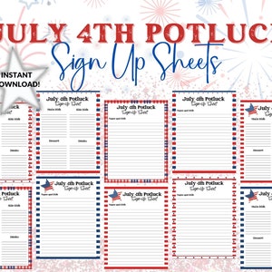 Può includere: Una raccolta di fogli di iscrizione stampabili per un potluck del 4 luglio con bordi rossi, bianchi e blu e motivi patriottici di stelle e fuochi d'artificio. I documenti includono sezioni per piatti principali, contorni, dolci e bevande.