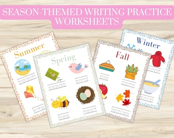 May include: Four colorful worksheets with images and words for each season: Summer, Spring, Fall, and Winter. Each worksheet has a title and four images with blank lines for writing the corresponding words. The words are: beach, kite, seeds, bird, bee, nest, pie, corn, leaves, coat, and soup.
