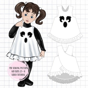 May include: A PDF sewing pattern for a ghost costume for kids, sizes 2T-6. The pattern includes a video tutorial. The illustration shows a white sleeveless dress with a black ghost face design and a ruffled hem.