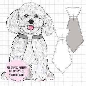 May include: A white poodle wearing a grey collar and a white tie with a grey polka dot pattern. The image includes a PDF sewing pattern for a pet tie, with sizes XS-XL, and a video tutorial.