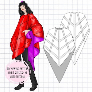 May include: A PDF sewing pattern for a poncho with a geometric design. The pattern includes adult sizes XS-XL and a video tutorial. The pattern is shown on a model wearing a red and purple poncho.