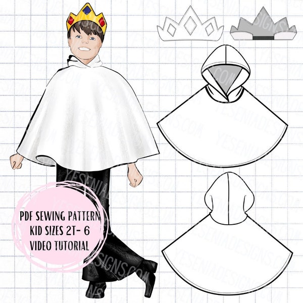 King Ghost Poncho & Crown PDF Sewing Pattern Kids Sizes 2T-6 Halloween Costume