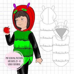 May include: A PDF sewing pattern for a caterpillar costume for kids, sizes 2T-6. The pattern includes a green and red caterpillar body with a hood and a video tutorial.