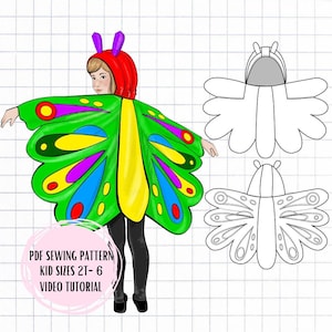May include: A PDF sewing pattern for a butterfly costume for kids, sizes 2T-6. The pattern includes a video tutorial. The image shows a child wearing the finished costume, which is green with colorful accents.