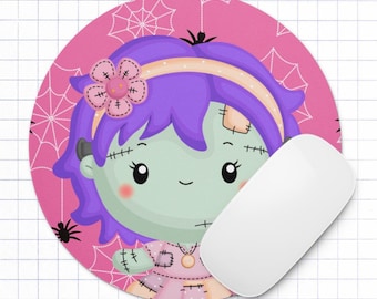 Frankie the Fabric Monster Pink Spiderweb Round Mouse Pad