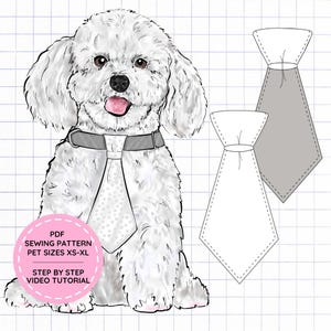 Pode incluir: Uma ilustração digital de um cão branco com uma coleira cinzenta e uma gravata às bolinhas. À direita, dois desenhos técnicos planos da forma da gravata. Um emblema circular cor-de-rosa contém o texto PDF SEWING PATTERN PET SIZES XS-XL.