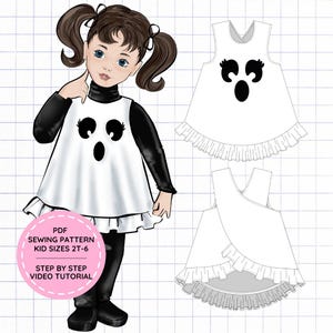 May include: A digital illustration of a child wearing a white sleeveless dress with a black ghost face print and a ruffled hem over a black long-sleeve shirt and leggings. Includes technical line drawings of the dress and text: PDF SEWING PATTERN KID SIZES 2T-6 STEP BY STEP VIDEO TUTORIAL.