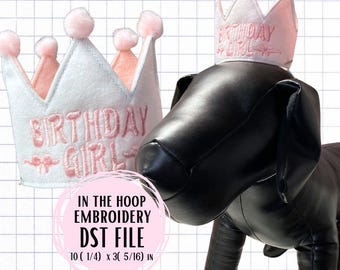 In the Hoop Crown (ITH) DST/PES Embroidery File - Dog Birthday Girl Bows Crown (Size Large)