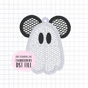 May include: A white ghost with black eyes and ears, designed as a free-standing lace embroidery pattern. The pattern is available as a DST file.