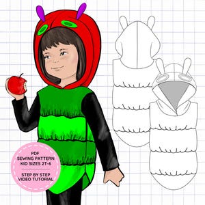 Puede incluir: Una ilustración digital de un niño con un chaleco con capucha de oruga rojo y verde, sosteniendo una manzana roja. La imagen incluye un dibujo técnico del chaleco y el texto PDF SEWING PATTERN KID SIZES 2T-6.