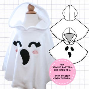 May include: A white hooded ghost poncho featuring black embroidered eyes and pink cheeks. Next to it is a black and white line drawing of the garment and a pink circular badge with the text PDF SEWING PATTERN KID SIZES 2T-6 STEP BY STEP VIDEO TUTORIAL.