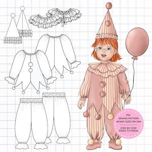 Puede incluir: Un patrón de costura digital para un disfraz de payaso infantil, con dibujos lineales de un cuello con volantes, un sombrero puntiagudo, una túnica de manga larga con pompones y pantalones fruncidos. Una ilustración muestra el conjunto terminado.