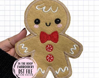 In the Hoop (ITH) DST/PES Embroidery File - Christmas Gingerbread Boy Bowtie Feltie
