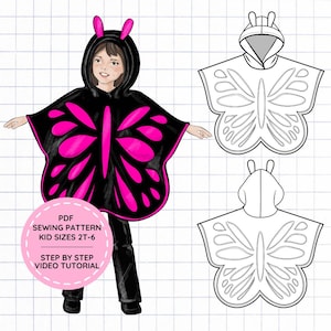 May include: A black hooded poncho with bright pink butterfly wing patterns, featuring a hood with antennae. Includes a technical line drawing of the garment and a pink circular badge with the text: PDF SEWING PATTERN KID SIZES 2T-6 STEP BY STEP VIDEO TUTORIAL.