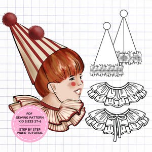 May include: A digital illustration of a child wearing a red and white striped cone hat with two dark red pom-poms and a ruffled collar. Beside the illustration are black and white line drawings of the hat and a double-layered ruffled collar.