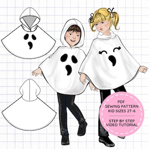 May include: A digital illustration of a white hooded ghost poncho with black facial features. The image includes technical line drawings of the poncho, two children wearing the garment, and a pink circular badge with the text PDF SEWING PATTERN KID SIZES 2T-6 STEP BY STEP VIDEO TUTORIAL.