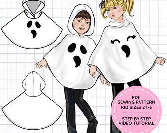 May include: A digital illustration of a white hooded ghost poncho with black facial features. The image includes technical line drawings of the poncho, two children wearing the garment, and a pink circular badge with the text PDF SEWING PATTERN KID SIZES 2T-6 STEP BY STEP VIDEO TUTORIAL.