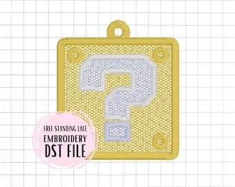 Free Standing Lace Christmas Ornament Embroidery File - Level Up Question Mark Box Game