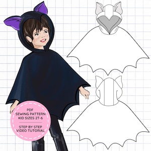Puede incluir: Ilustración digital de un niño con una capa negra con capucha de murciélago y orejas interiores moradas, junto a dos dibujos lineales en blanco y negro del patrón. Texto: PDF SEWING PATTERN KID SIZES 2T-6 STEP BY STEP VIDEO TUTORIAL.