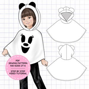 May include: A digital PDF sewing pattern for a white hooded poncho with black panda ear details and a stylised black face graphic. The pattern includes kid sizes 2T-6, a step-by-step video tutorial, and technical line drawings showing front and back views.