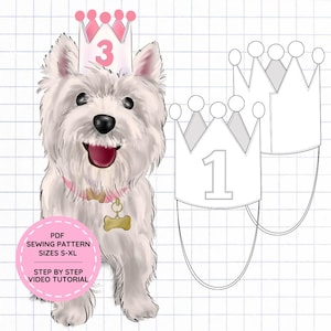 May include: A digital illustration of a white West Highland Terrier wearing a pink crown with the number 3, a pink collar, and a gold bone tag. Beside the dog are two black and white line art crown templates labeled with the number 1.